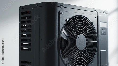 Modern Black Climate Control System Unit with Fan and Vents on Grey Background with Natural Light Industrial Design Studio Shot