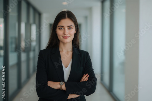 Profesional joven con blazer negro en corredor corporativo acristalado, actitud cercana y segura, fotografía horizontal con espacio para copy