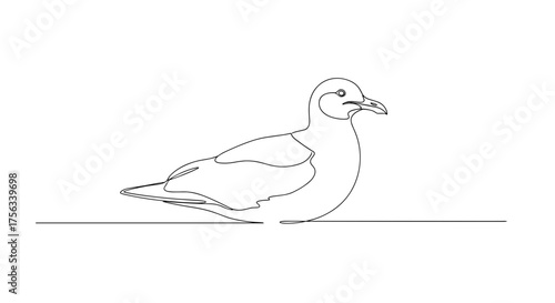 Line drawing of a seagull standing with beak open on a line  