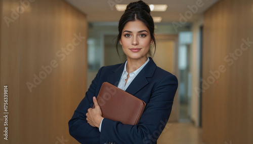 Profesional de negocios con moño alto sosteniendo dossier, mirada a cámara y bokeh suave en corredor empresarial, imagen para banners y web