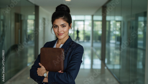 Gerente profesional con actitud cercana en corredor corporativo, concepto de liderazgo, éxito y carrera, composición en tercios