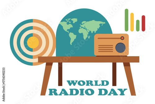 World Radio Day Vintage Radio with Global Sound Waves Vector Illustration