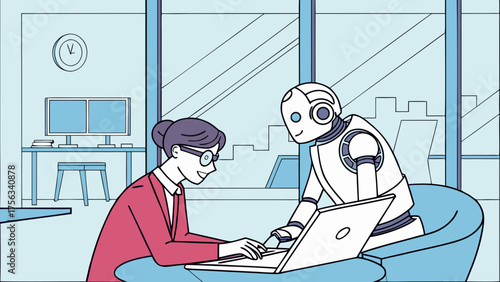 Human and Robot Collaborating in Futuristic Office – Vector Showing Modern Technology and AI Partnership