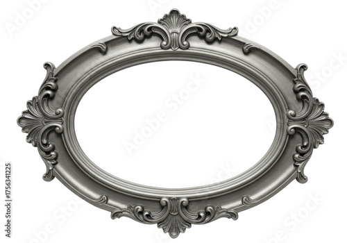 Isolated antique silver picture frame is ornate and oval shaped for a wall decoration