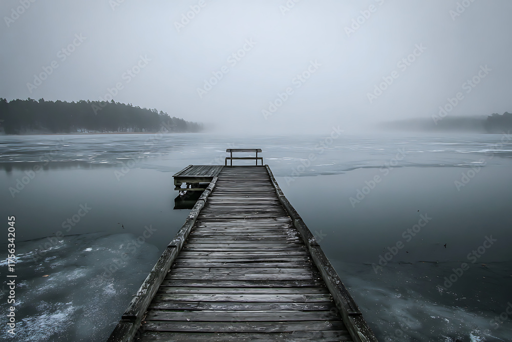 Naklejka premium Serene wooden pier with bench leading to misty, frozen lake creating a peaceful, contemplative winter landscape scene