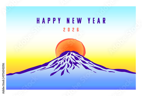 「HAPPY NEW YEAR」筆で描いた山と新年のメッセージ／年賀状テンプレート. "HAPPY NEW YEAR" Brush-drawn mountain and New Year's message / New Year's card template / Mid-winter greeting card template