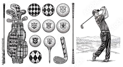Vintage golf equipment and golfer set engraving illustrations for sports design