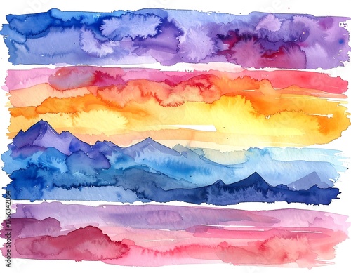 Abstract watercolor layers depict scenic landscapes, using vivid color transitions