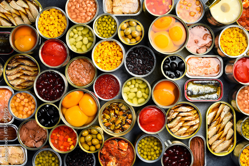 Cuadro en lienzo A large set of pickled and canned foods on the background