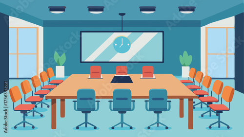 A conference room with large tables chairs and a projector for group presentations.