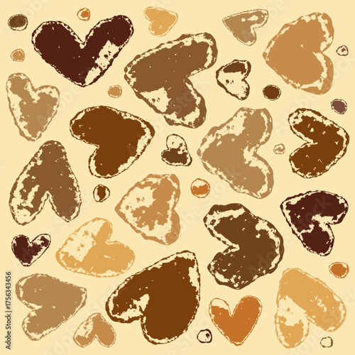 Cozy set with grunge gingerbread hearts in warm cookie shades on creamy background