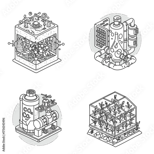 Isometric line art illustrates advanced scientific and technological systems, featuring bioreactors, water filtration, carbon storage, and vertical farming.