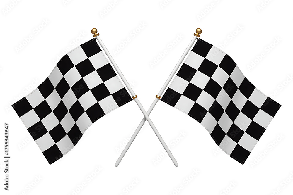 Fototapeta premium Two checkered flags crossed, isolated on white background
