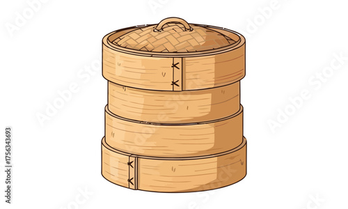 Detailed Illustration of a Stacked Bamboo Steamer, Perfect for Cooking and Serving Delicious Asian Cuisine