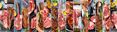 Food collage. Black Angus steak. Set of raw and cooked marbled premium steaks. Horizontal banner.