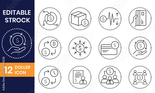 Vector art of dollar icon set representing financial transactions and economic activity, symbolizing money, investment, and business