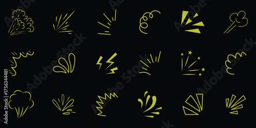 Doodle explosion. Comic burst manga elements. Radial line rays, hand drawn shine, idea, surprise and exclamation symbol. Doodles add a playful touch to designs. Colorful doodle elements, vector set.