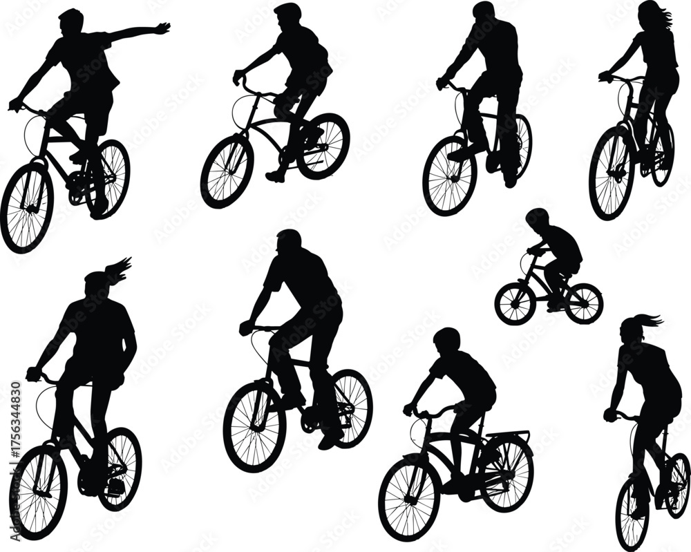 Fototapeta premium Cyclists performing stunts and riding bicycles silhouette vector illustration, people doing BMX tricks, outdoor cycling and extreme sports lifestyle concept