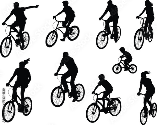 Cyclists performing stunts and riding bicycles silhouette vector illustration, people doing BMX tricks, outdoor cycling and extreme sports lifestyle concept
