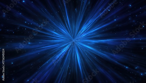 A blue burst of light emanates from a central point, surrounded by a starry field