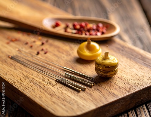 Acupuncture needles and spice on a wooden cutting board, warm colors