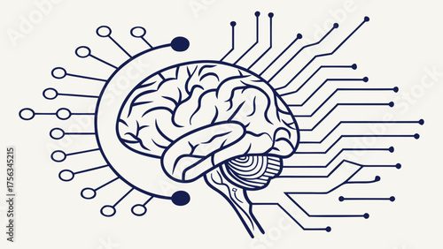 Human Brain Connected to Digital Network – Futuristic Vector Representing Artificial Intelligence and Mind Tech