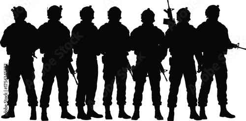 Military soldiers silhouettes, armed forces team standing together, army special unit group illustration, black vector silhouette of defense, war and protection concept