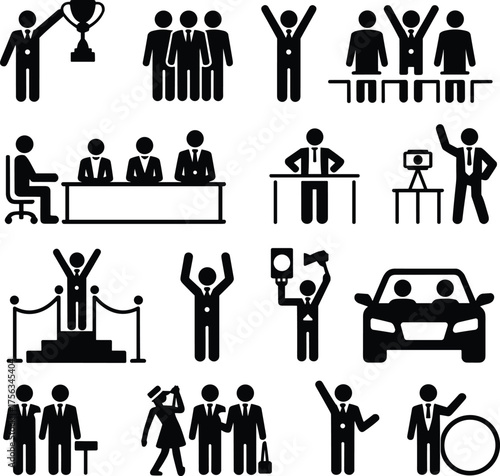 Business success and teamwork icons, leadership achievement concept, office meeting, award ceremony, corporate people, black stick figure vector illustration