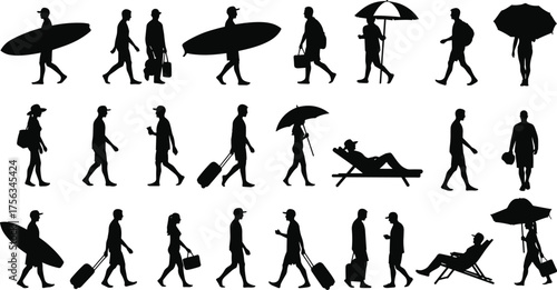 Summer beach vacation people silhouettes, walking travelers, surfers, and tourists with luggage, umbrellas, and bags, black vector silhouettes on white background, holiday leisure scene