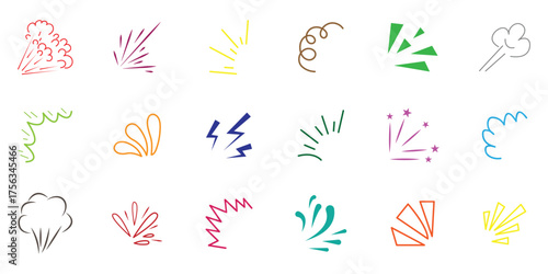 Doodle explosion. Comic burst manga elements. Radial line rays, hand drawn shine, idea, surprise and exclamation symbol. Doodles add a playful touch to designs. Colorful doodle elements, vector set.