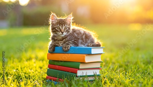 Adorable kitten resting on colorful stacked books in sunny grass