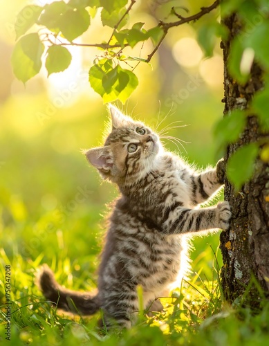 Adorable tabby kitten climbs tree in sunny garden