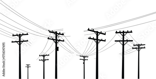 Flat vector silhouette, utility poles with power lines, electricity distribution network, birds on wires, energy infrastructure, electrical grid, industrial design illustration