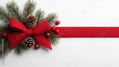 Christmas decoration with red ribbon, pine branches, cones and berries on white background.