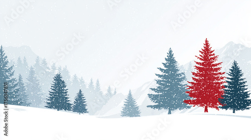 Minimalist winter landscape with snowy pine trees and a single red Christmas tree in the forest.
