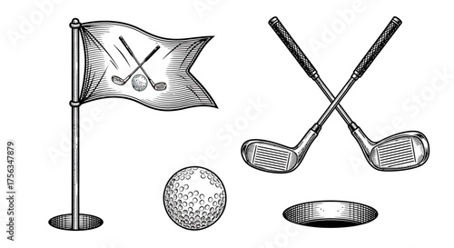 Engraved style golf essentials flag with clubs, textured ball, crossed irons, and putting green hole graphic