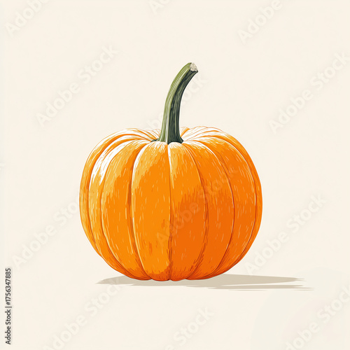 Vibrant orange pumpkin with green stem against soft beige background.