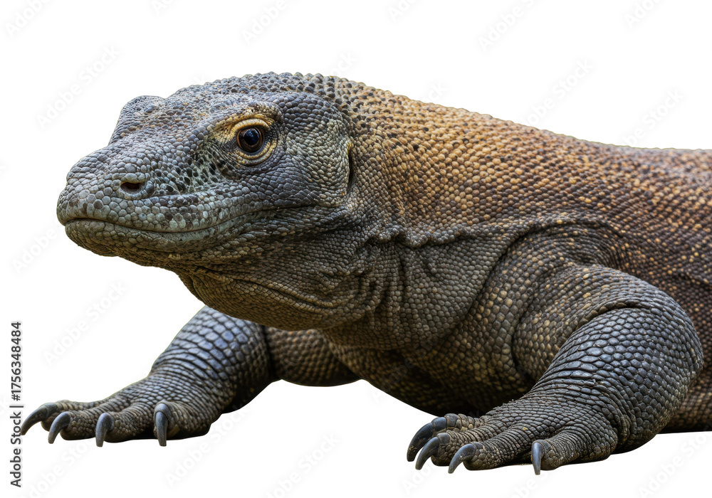 Obraz premium Isolated komodo dragon on plain background, reptile in full length, close-up on lizard head