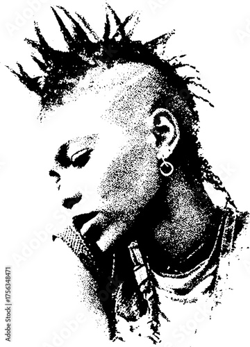 High contrast black and white punk poster design featuring mohawk style