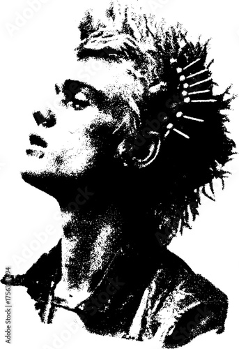 High contrast black and white punk portrait illustration for poster design