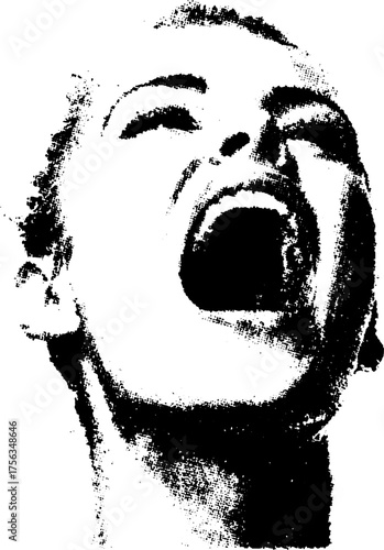 High contrast black and white scream illustration for expressive design