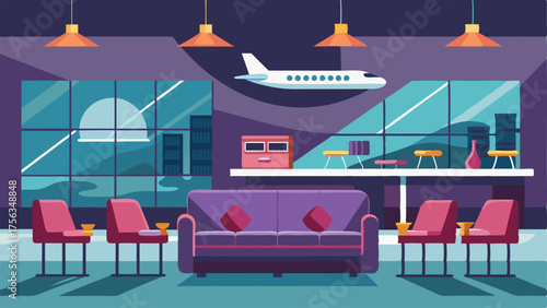 A contemporary airport lounge designed for VIP travelers with plush seating a bar and private restrooms.