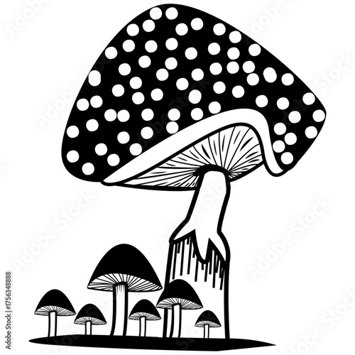 Amanita mushroom with white dots and small mushrooms