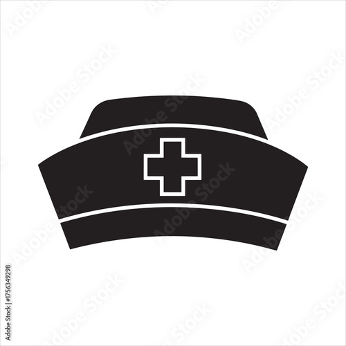  Black nurse cap silhouette with white cross isolated on white background. 