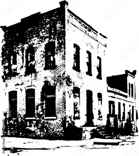 High contrast black and white illustration of abandoned building in urban decay theme