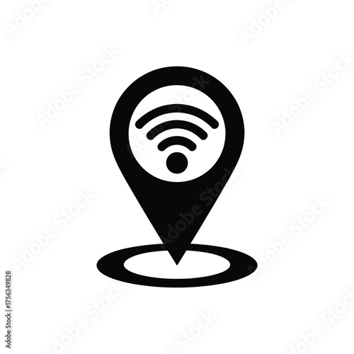 Black icon of a location pin with a wifi symbol inside