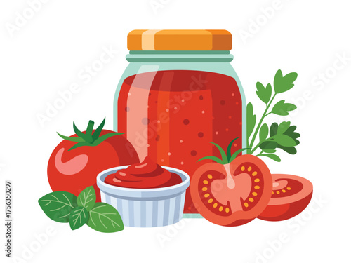 Fresh tomato sauce in a jar with fresh tomatoes and herbs
