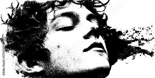 Surreal black and white image of dissolving face for creative design