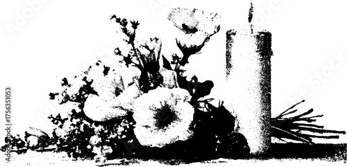 Black and white candle with floral arrangement in high contrast design for decor