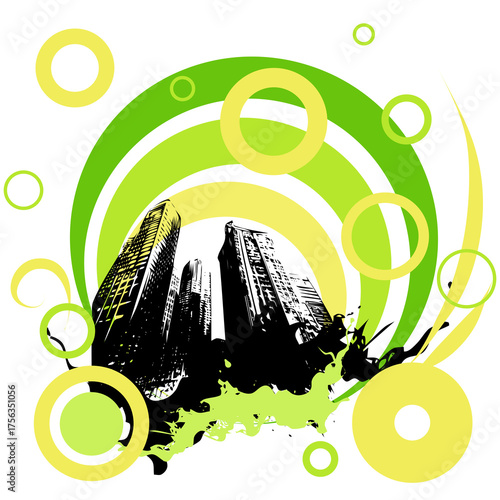 Frutiger Metro Graffiti – Urban Abstract Design with Circles and Cityscape